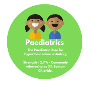 Paediatrics: The paediatric dose for hypertonic saline is 3ml/kg.  Strength - 2.7% - Commonly referred to as 3% sodium chloride.