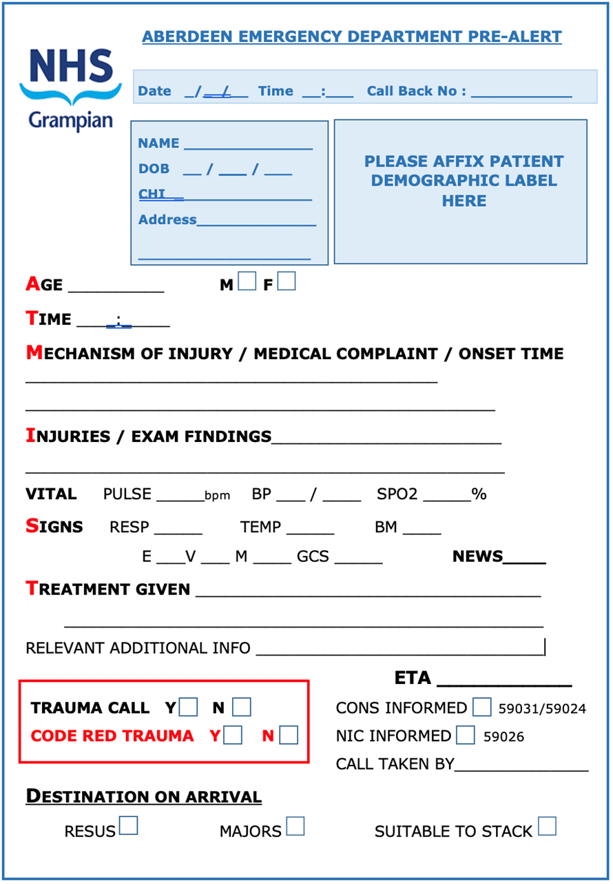 Aberdeen emergency department pre-alert form